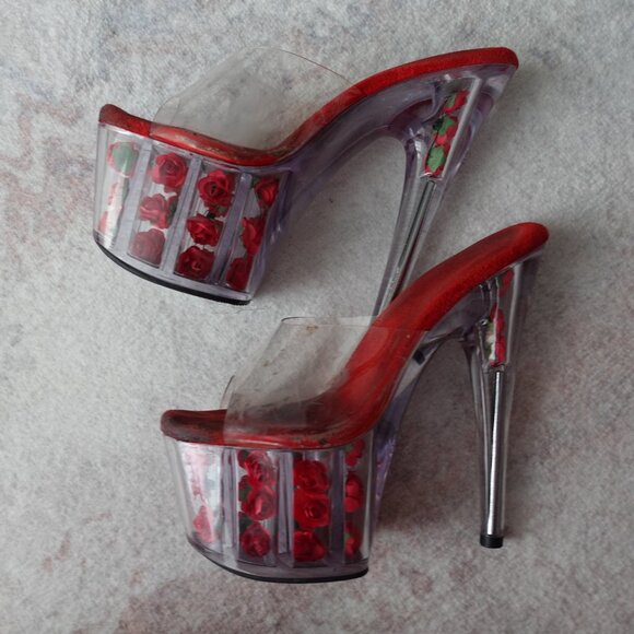 Red Rose Clear Platform Sandal Heels - Picture 8 of 11